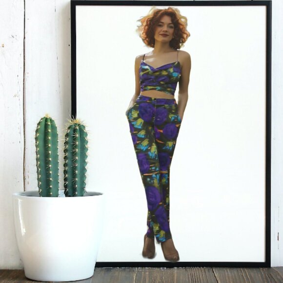 Carlisle Collection Wisteria Abstract Multi Blue Purple Jean Style Pants, Size 2 - Picture 2 of 9